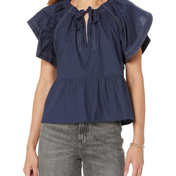 JOE'S THE ADELYN FLUTTER SLEEVE TOP MIDNIGHT BLUE SMALL NWT - Picture 1 of 3
